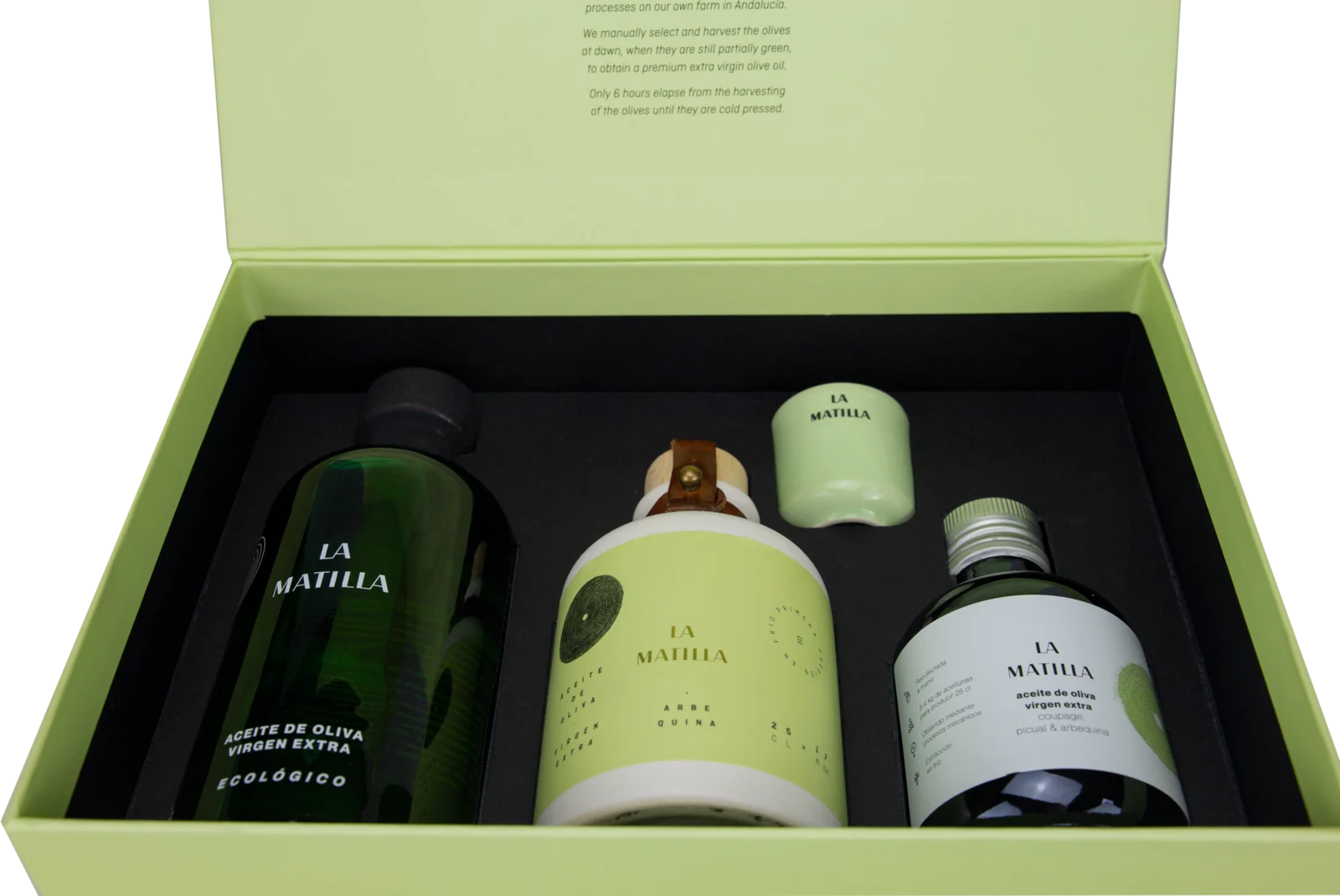 La caja abierta: Arbequina ecológico de 500 ml, Arbequina en cerámica de 250 ml, Coupage de 250 ml y el vaso catador, cada uno en su hueco