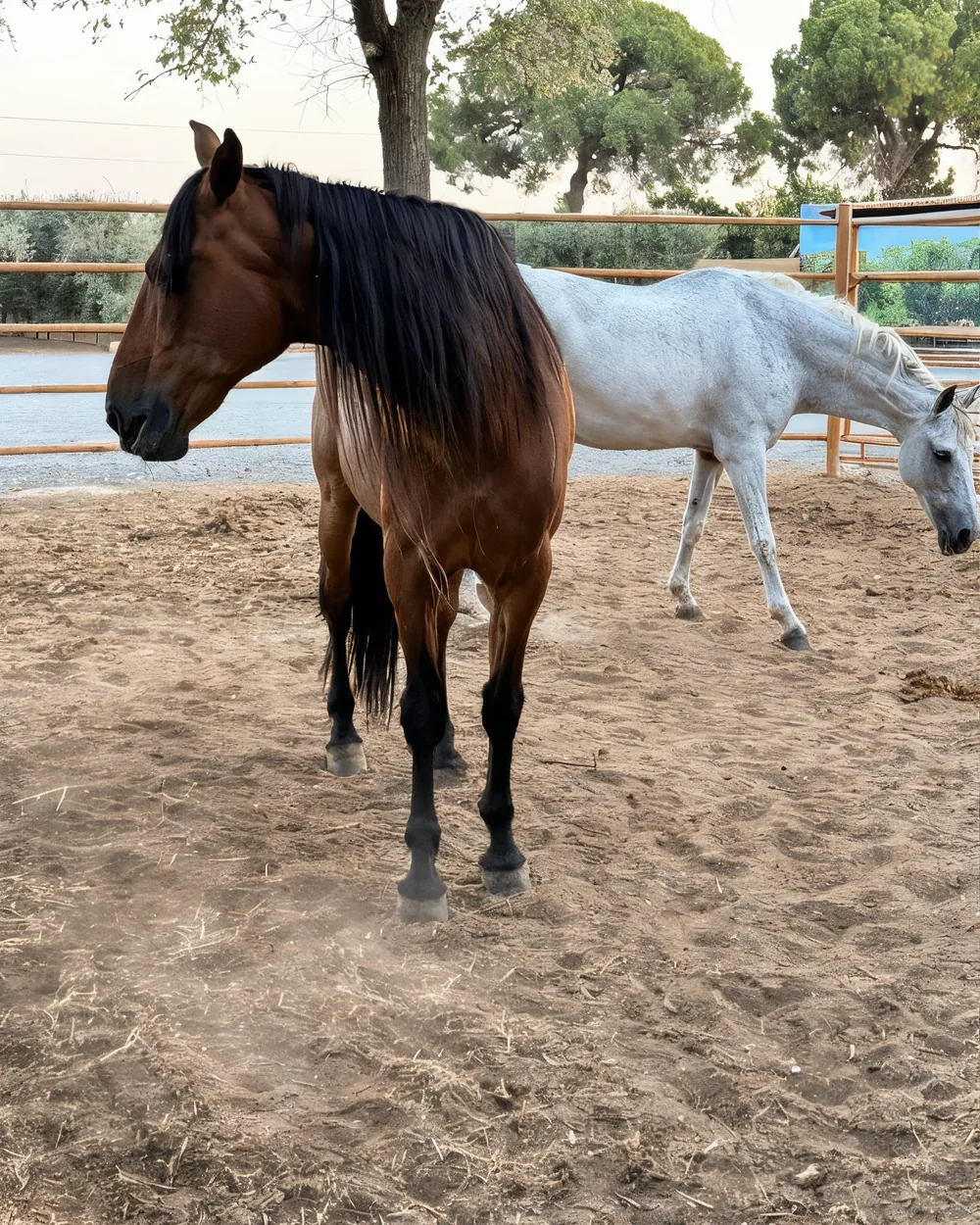 Un caballo castaño de crin larga y uno tordo detrás, en la finca