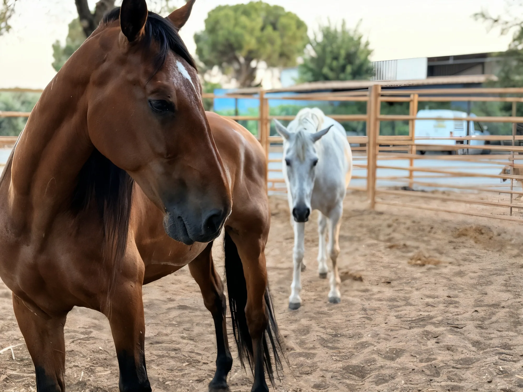 Un caballo castaño en primer plano y uno tordo detrás, en la finca La Matilla