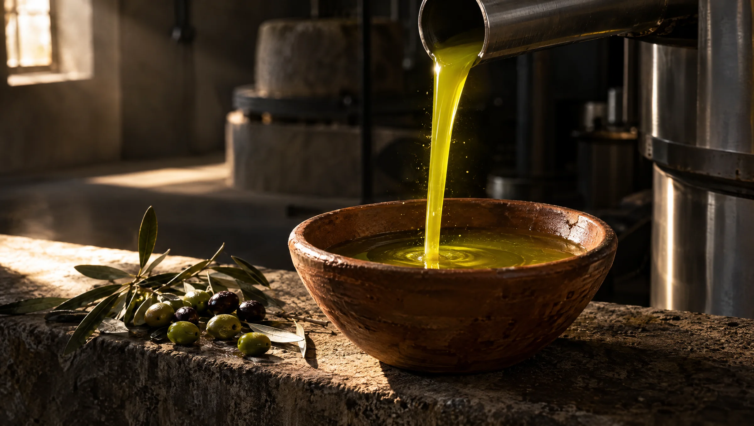 El primer aceite de la cosecha cae, verde y dorado, en un cuenco de barro en la almazara