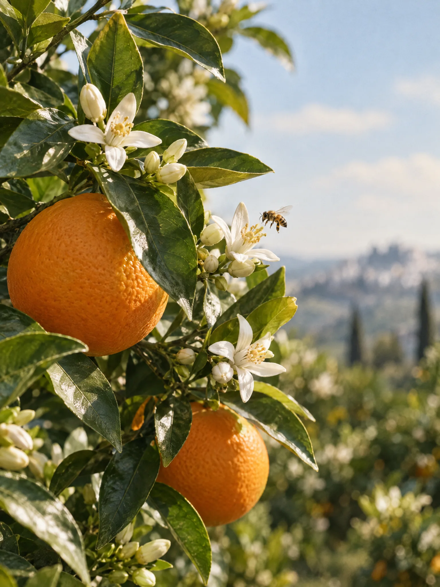 Rama de naranjo con naranjas y flor de azahar
