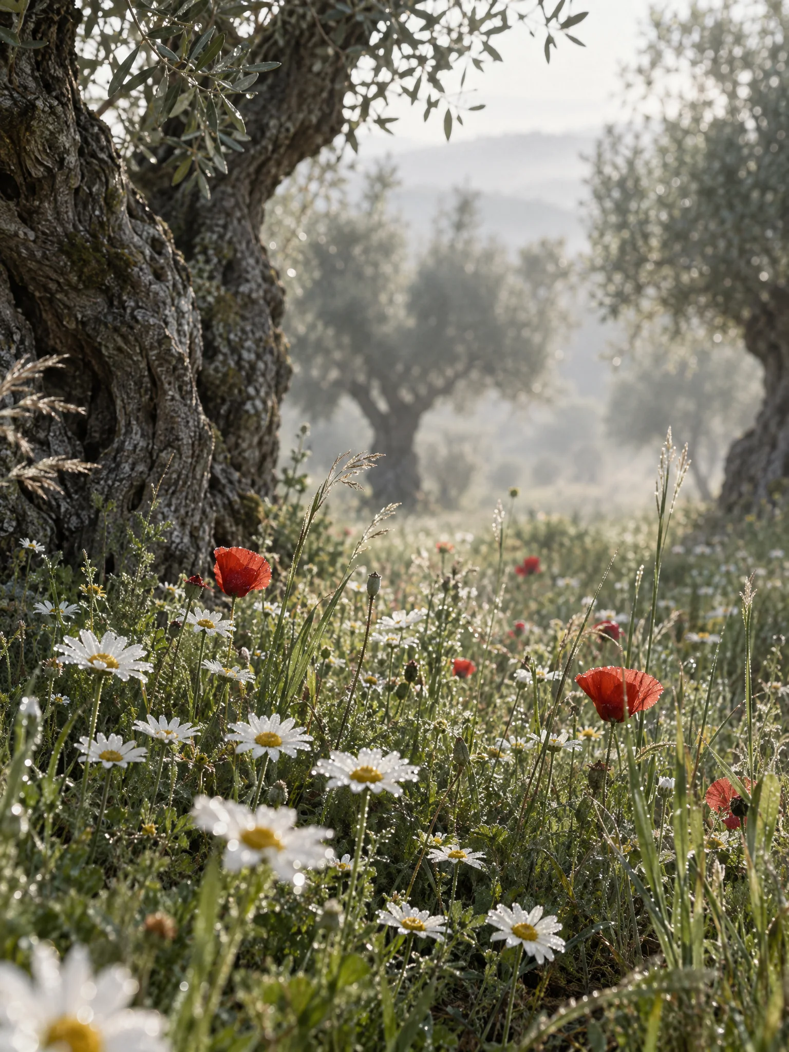 Margaritas y amapolas silvestres entre los troncos de los olivos en primavera