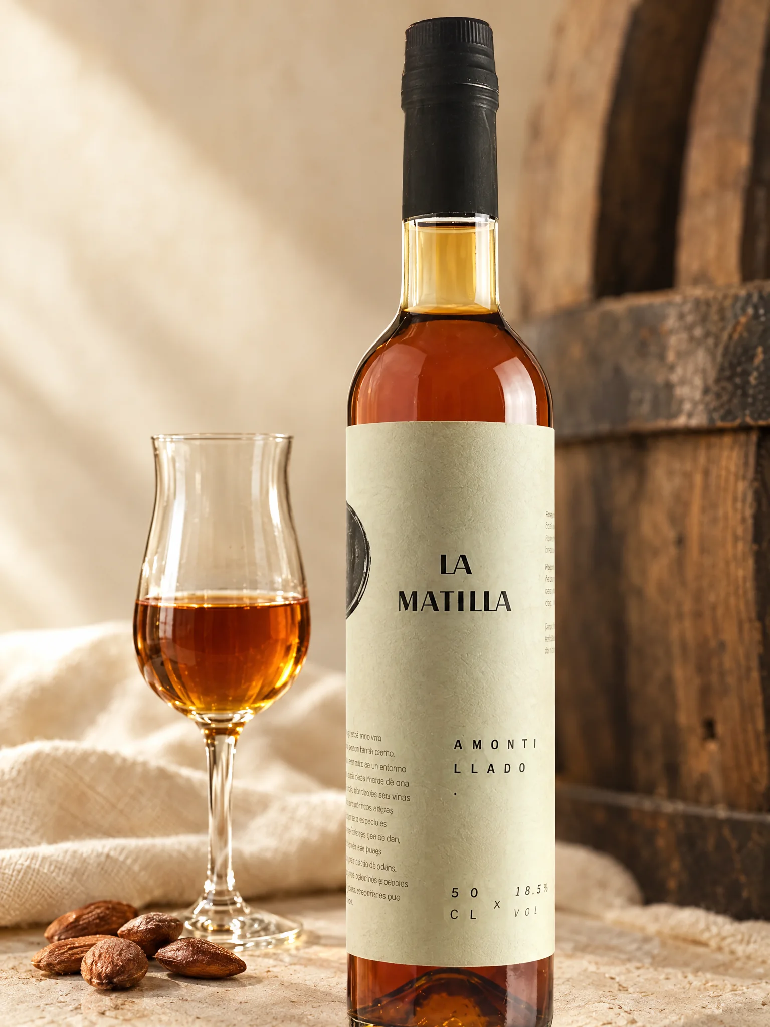 Botella de vino amontillado La Matilla con una copa y almendras