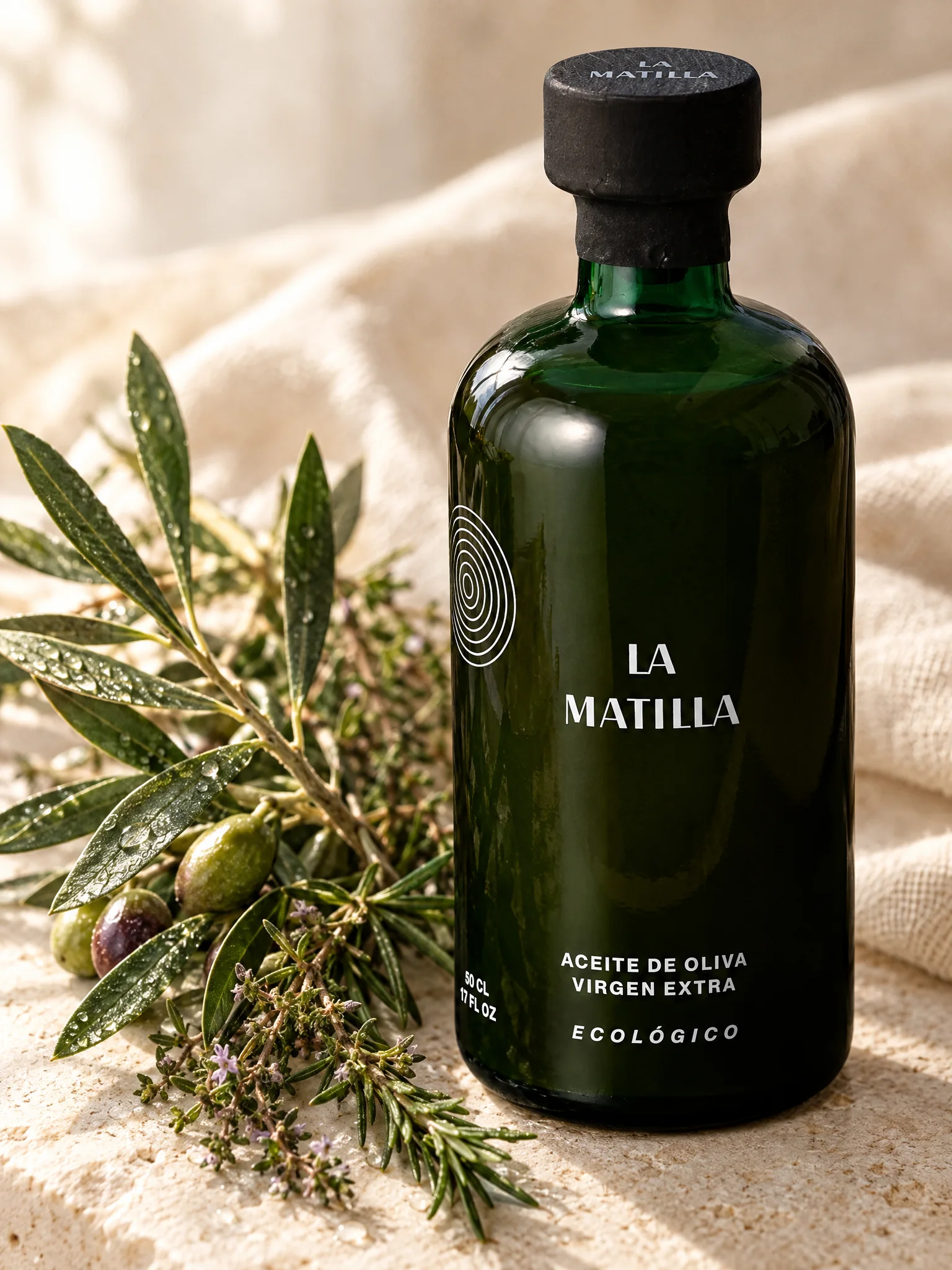 Botella de AOVE Arbequina ecológico La Matilla con ramas de olivo y hierbas