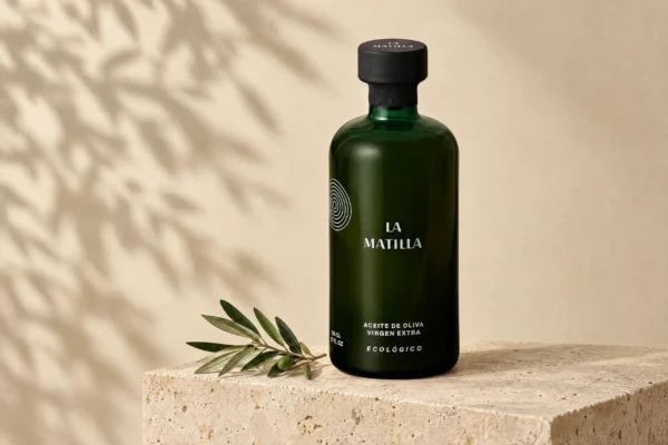 Botella de AOVE Arbequina ecológico La Matilla sobre una peana de travertino