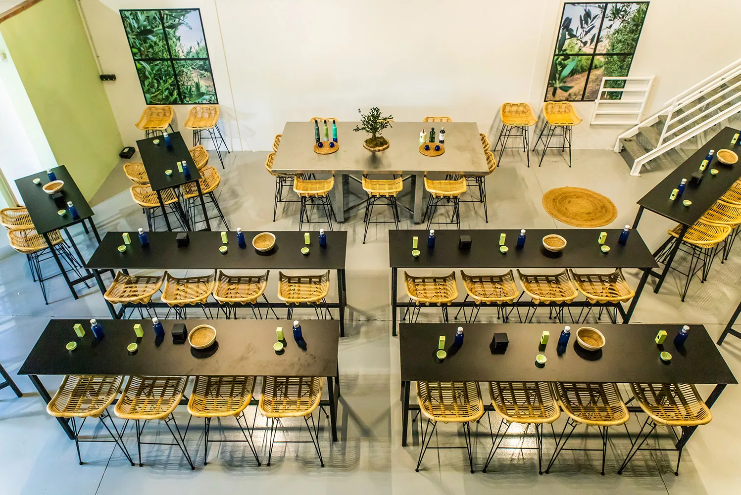 Vista elevada de la sala con mesas preparadas para una cata de aceite
