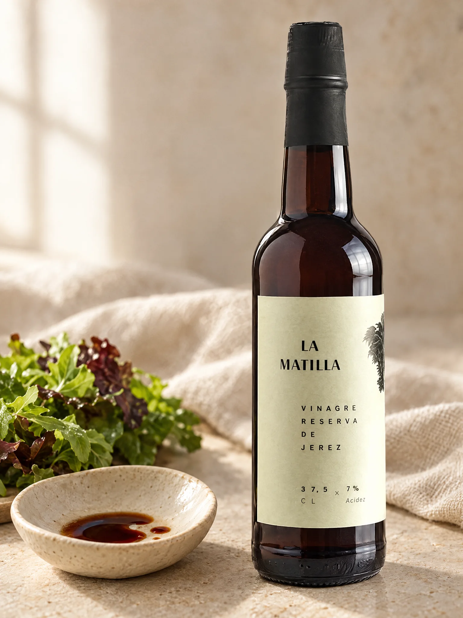 Botella de vinagre de Jerez reserva La Matilla con un cuenco de vinagre