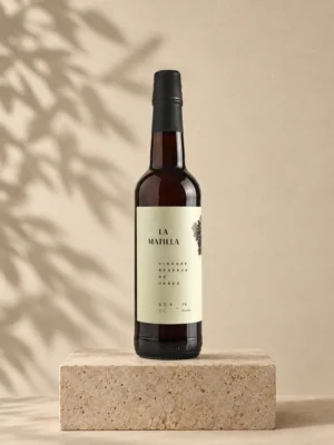 Botella de vinagre de Jerez reserva La Matilla sobre una peana de travertino