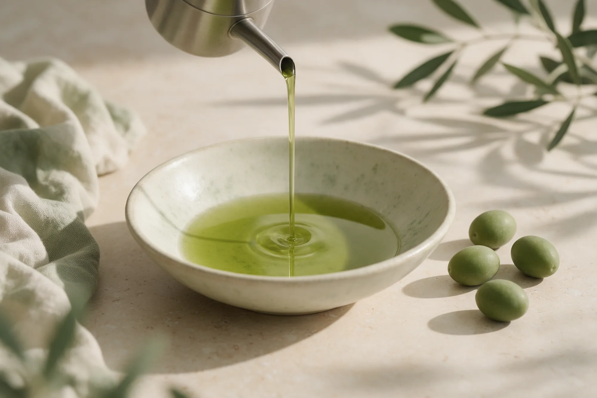Aceite verde recién extraído cayendo en un cuenco de cerámica