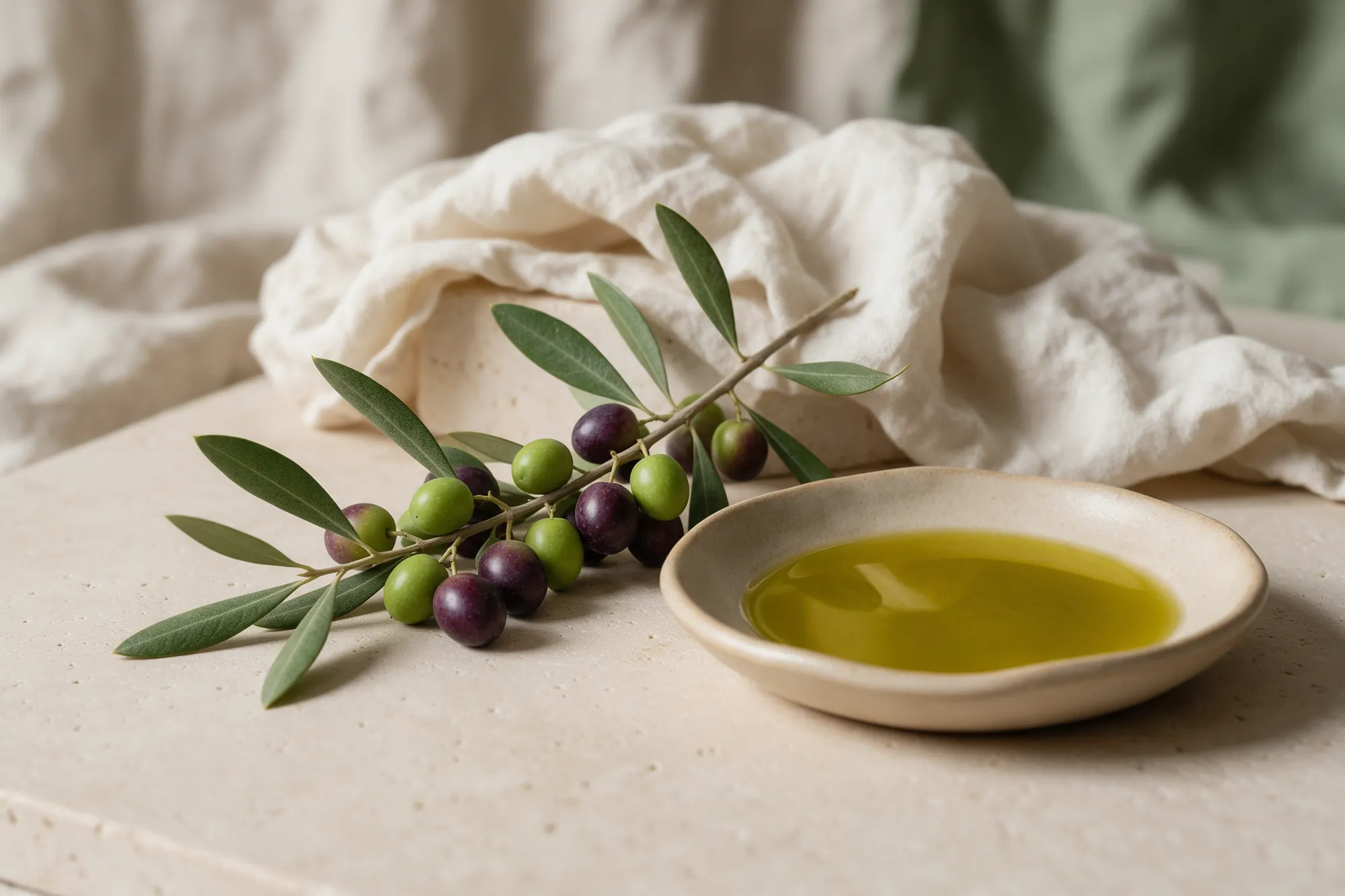 Rama con aceitunas arbequinas junto a un plato de aceite