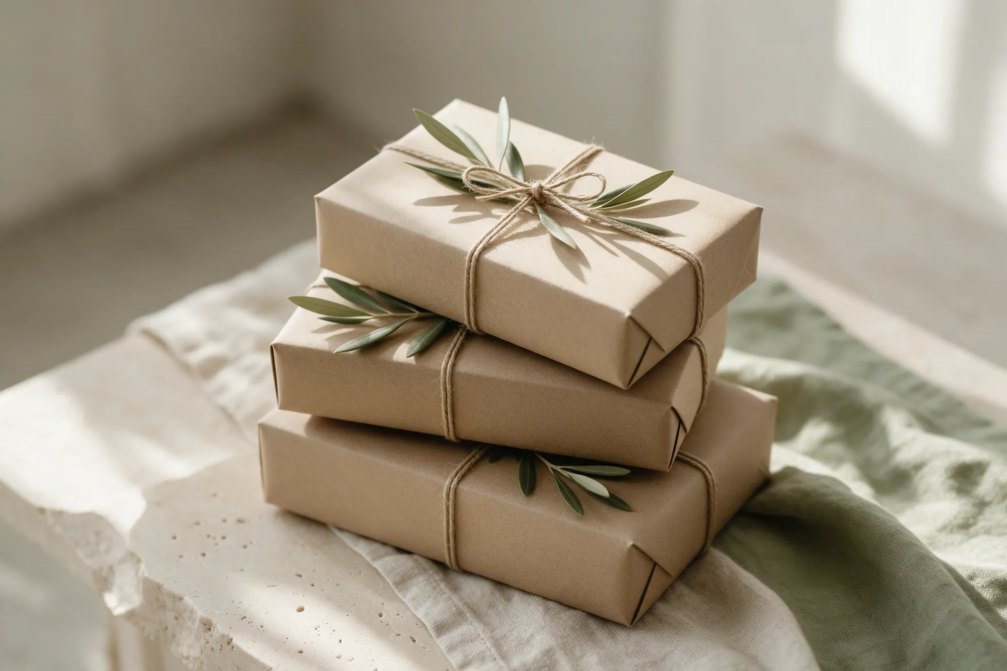Cajas regalo de kraft atadas con cordel y rama de olivo