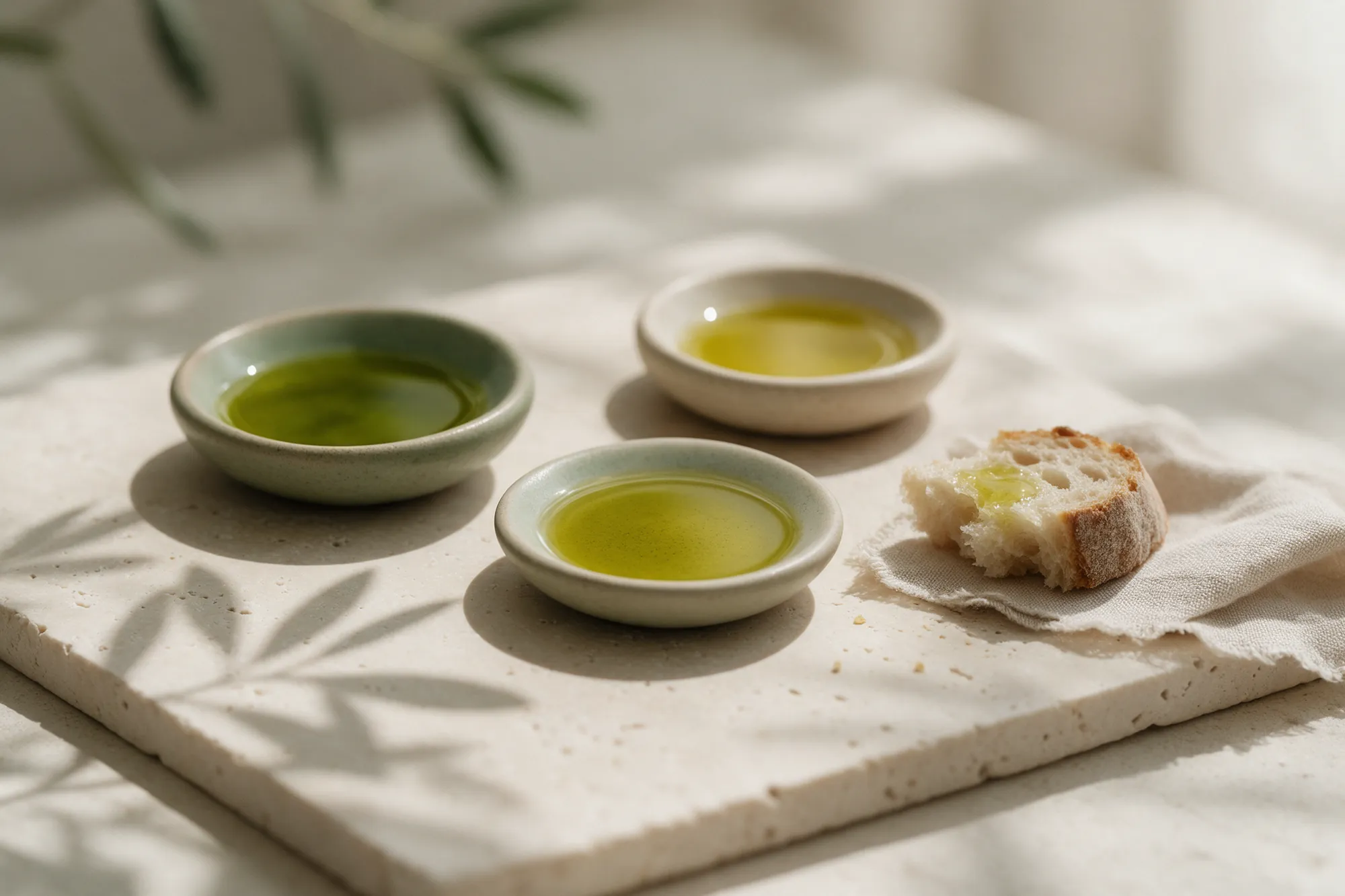 Tres platos de aceite de distintos tonos para catar