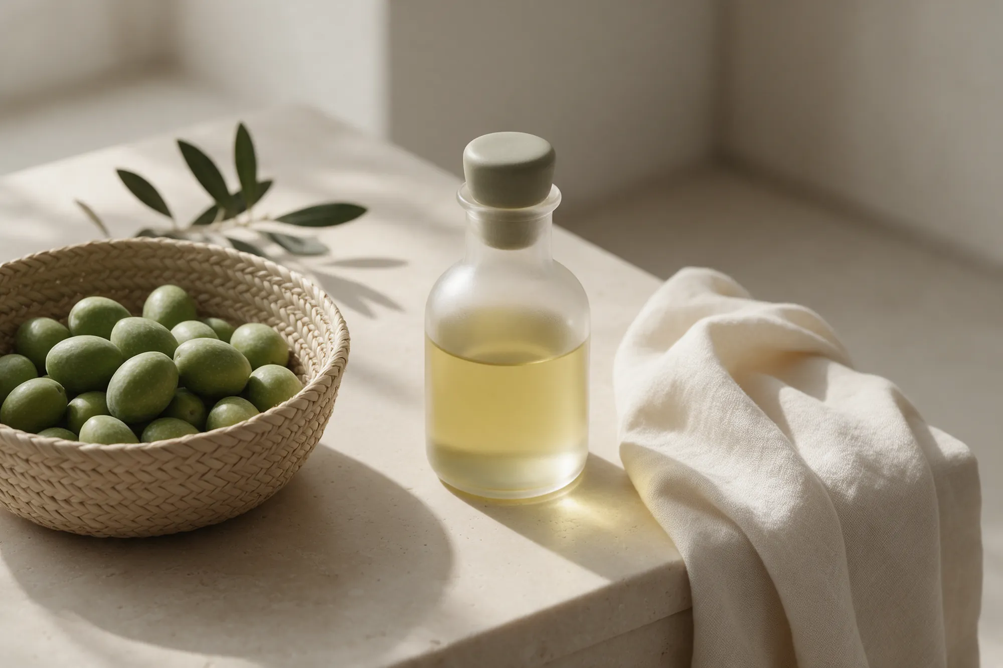 Cesta con aceitunas y aceitera de cristal