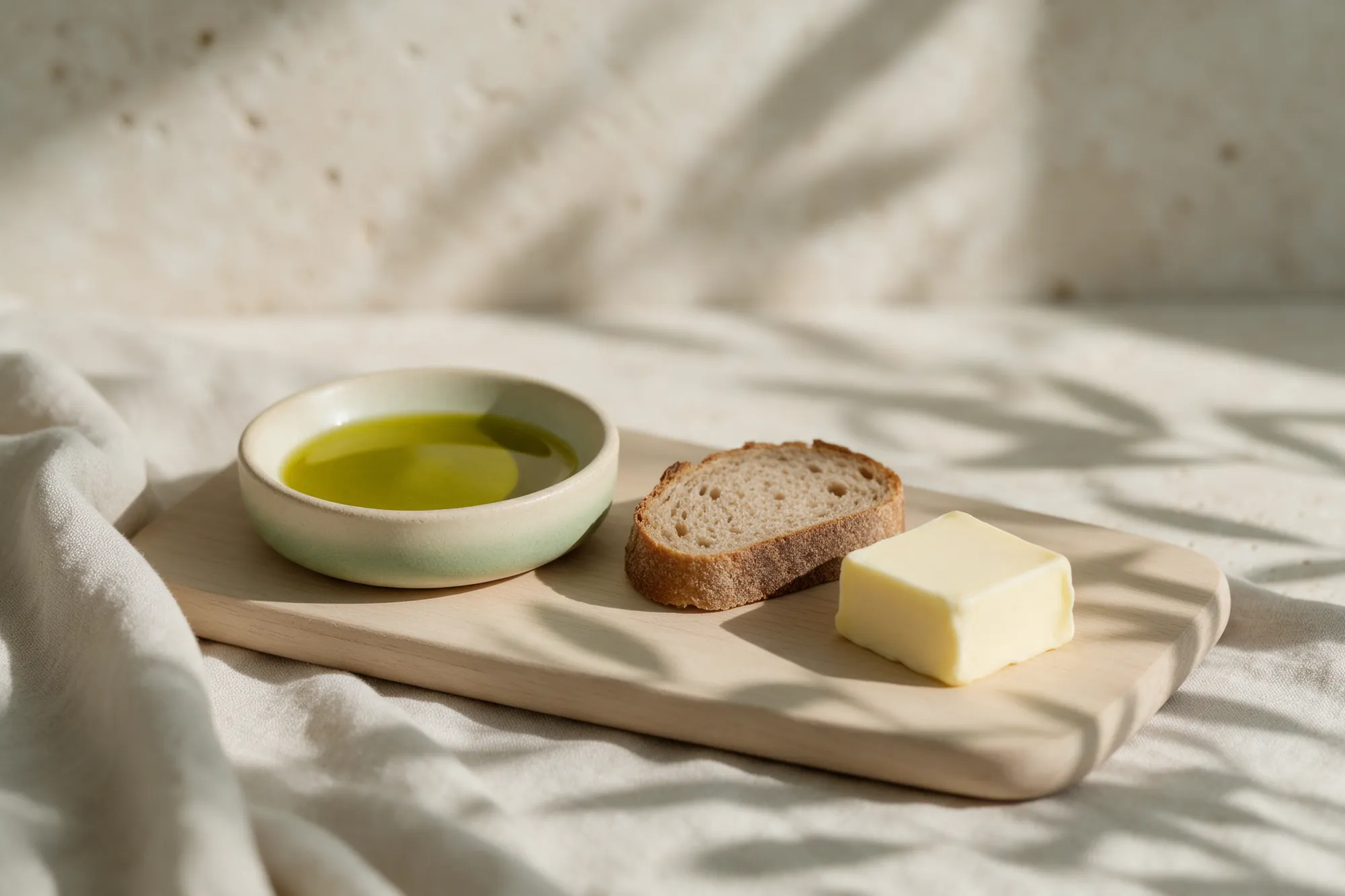 Aceite de oliva y mantequilla sobre una tabla