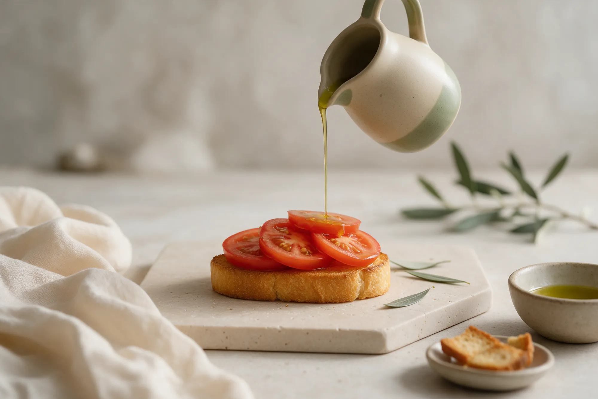 Aceite sobre tomate y pan tostado
