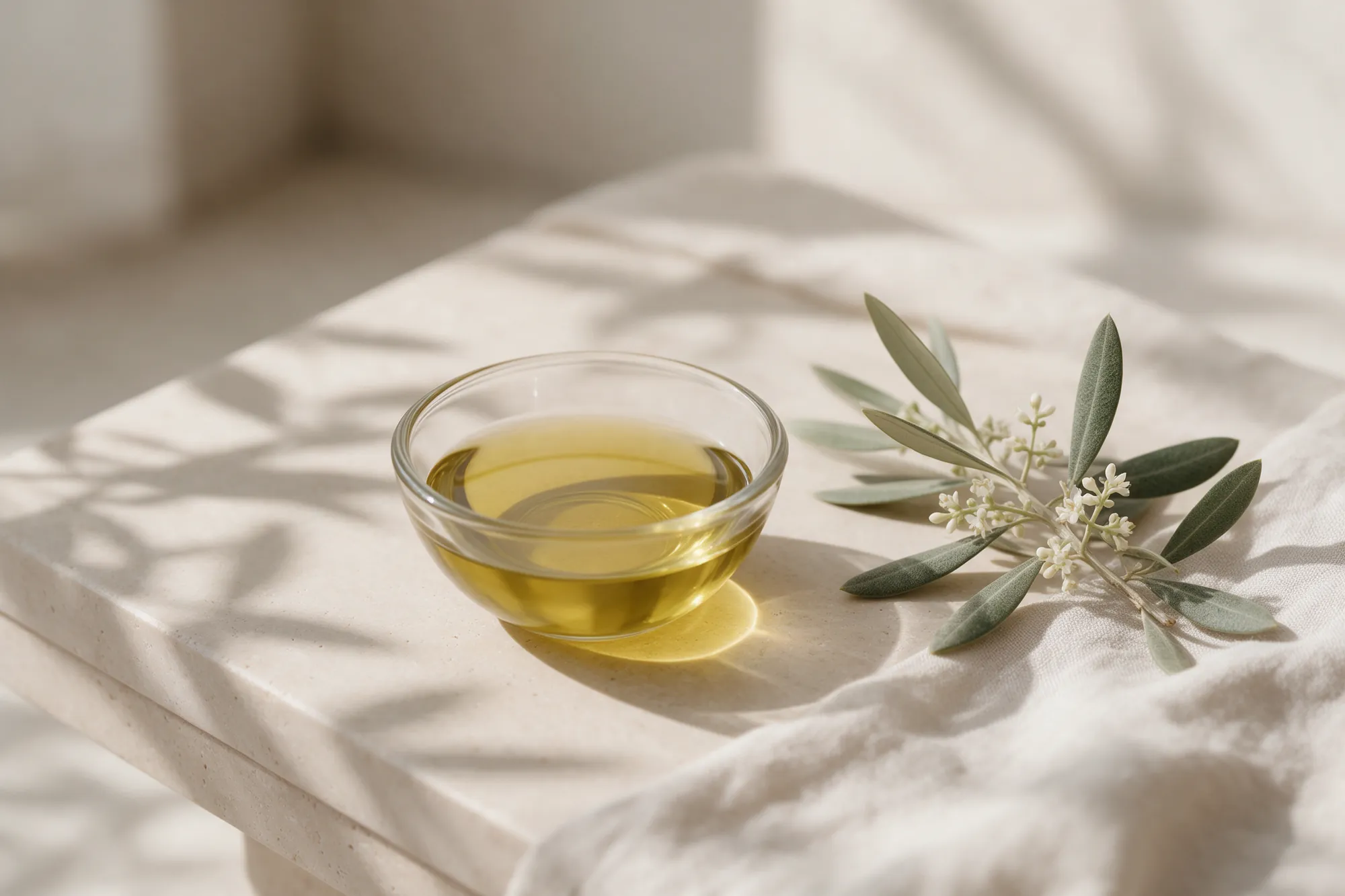 Aceite dorado y suave junto a flor de olivo