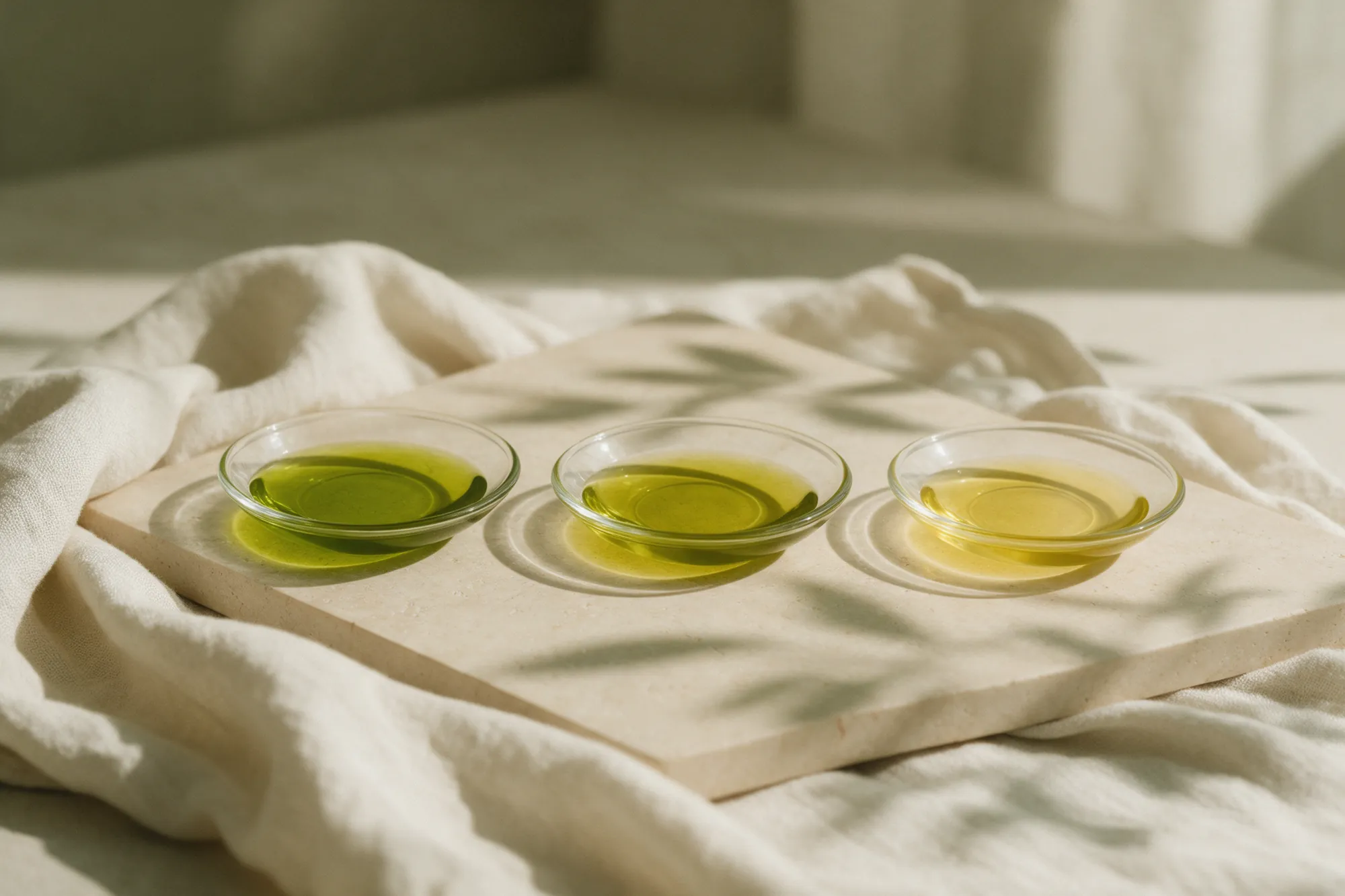 Aceites de distintos colores en platos de cristal