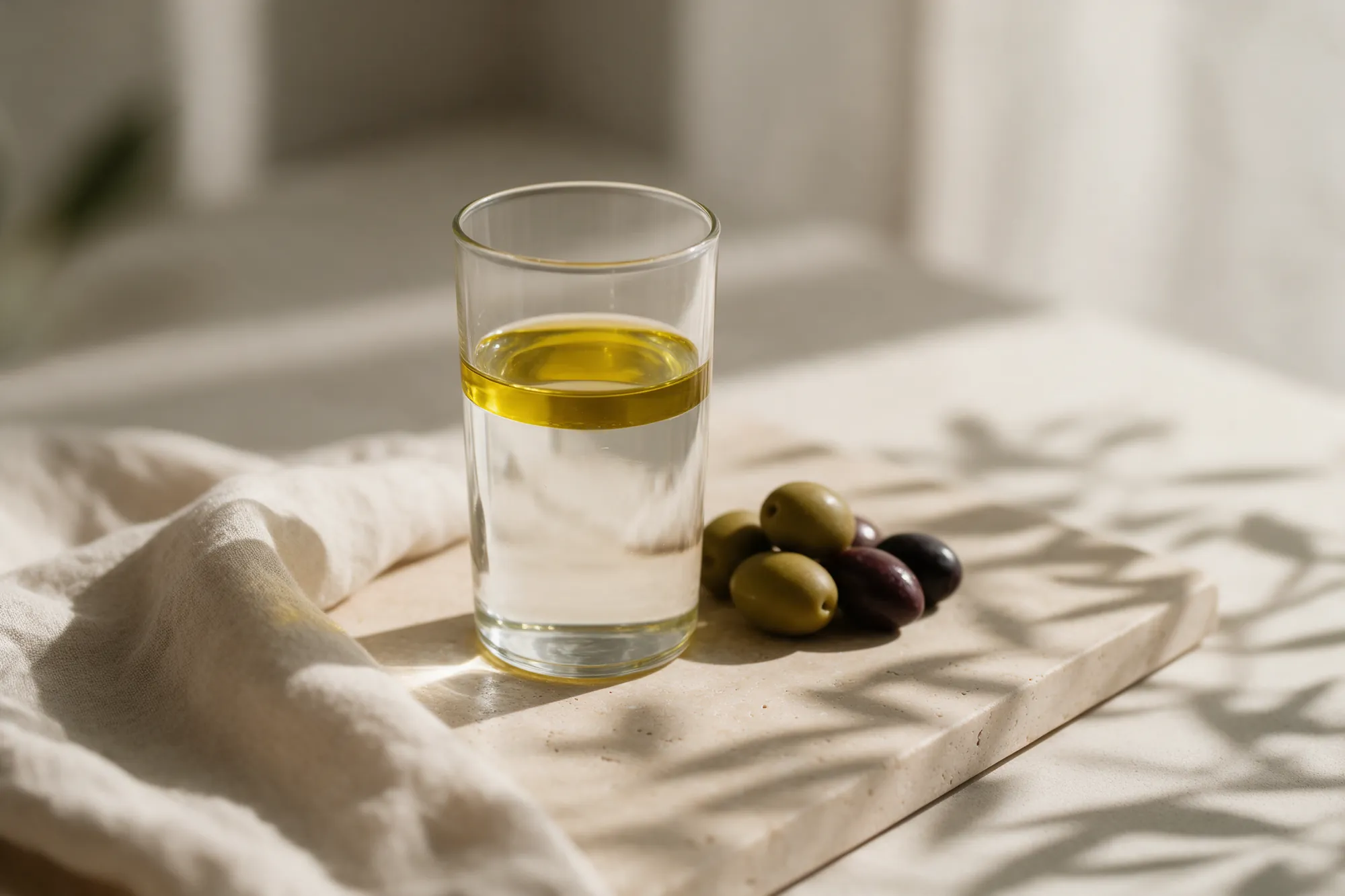 Aceite flotando sobre agua en un vaso