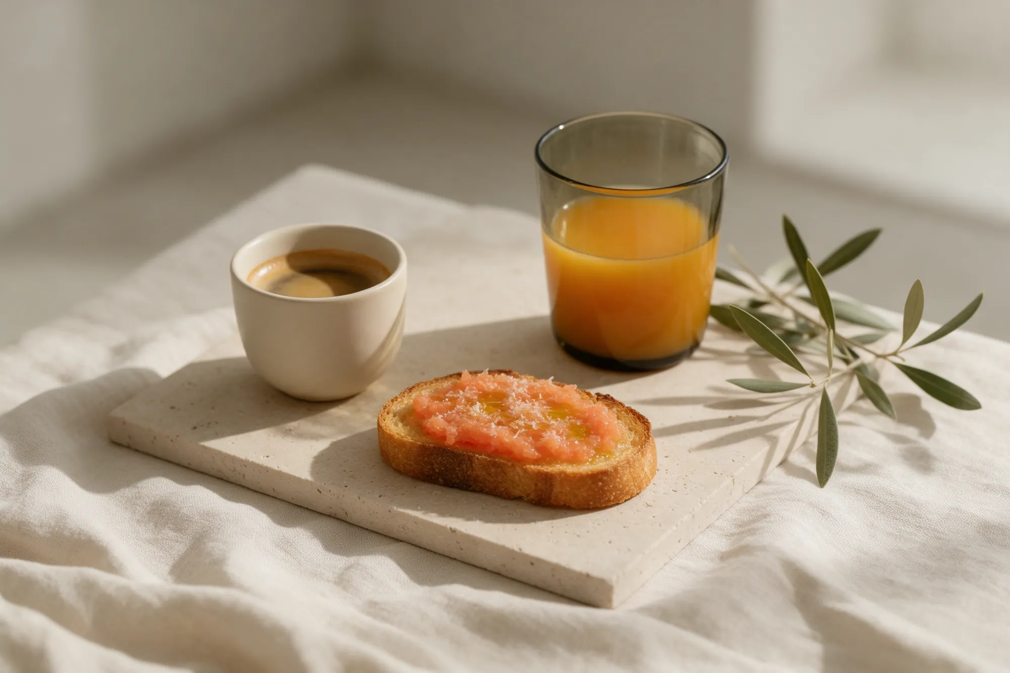 Desayuno andaluz con tostada, tomate y aceite