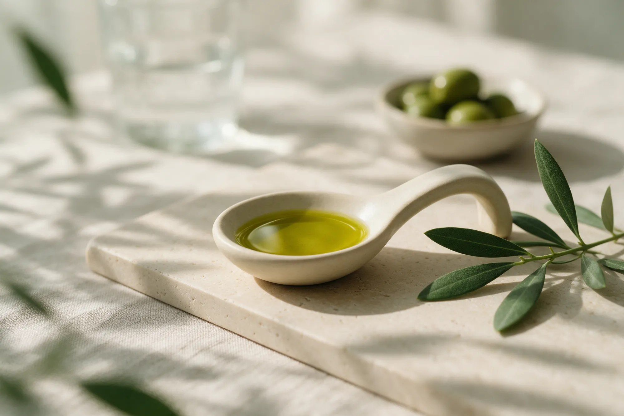 Cuchara de cerámica con aceite de oliva virgen extra, aceitunas y vaso de agua sobre travertino