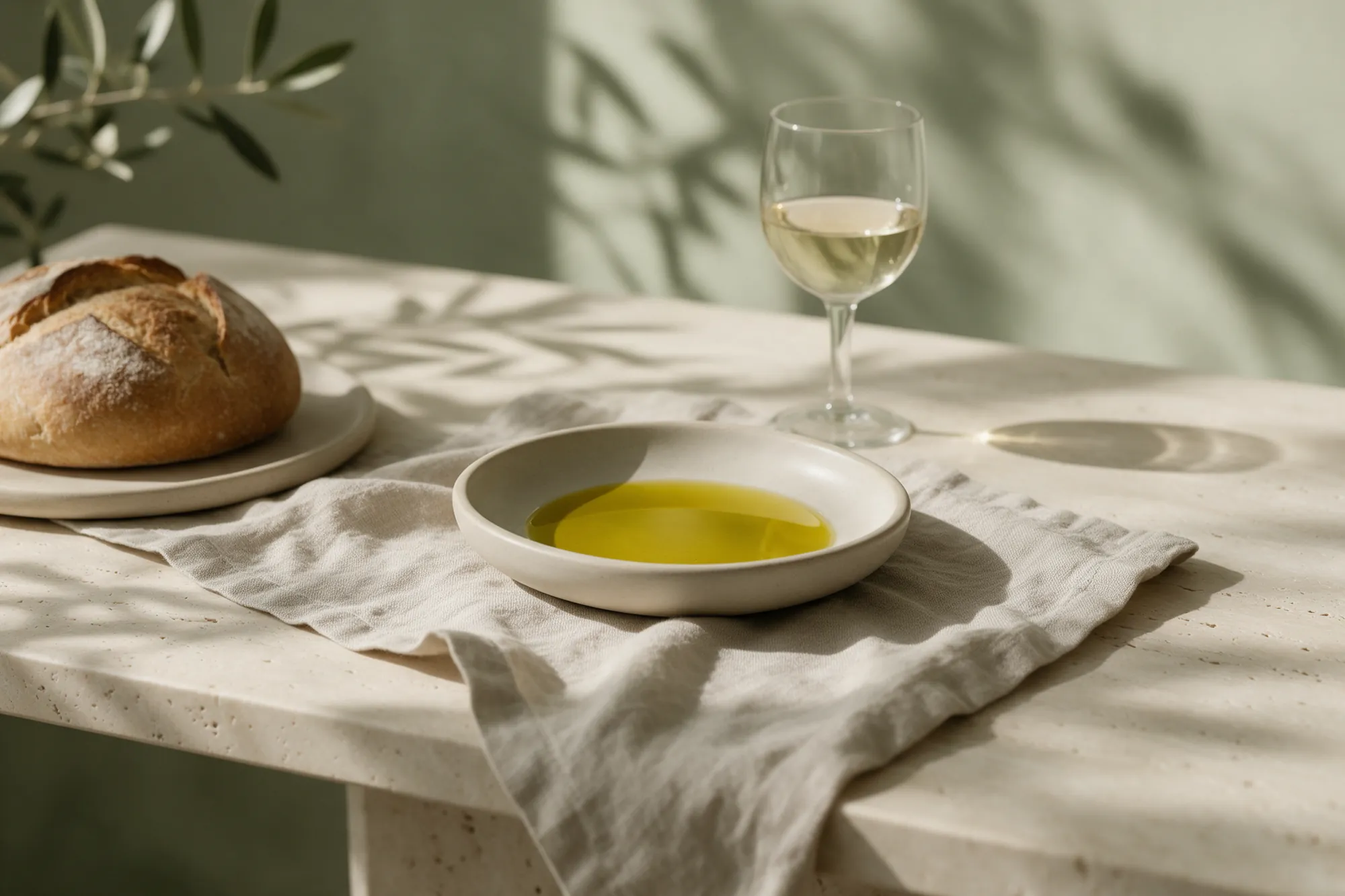Mesa elegante con aceite, pan y vino