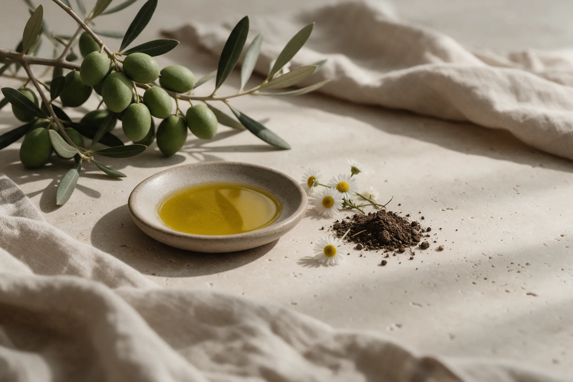 Rama de olivo y flores silvestres de olivar ecológico