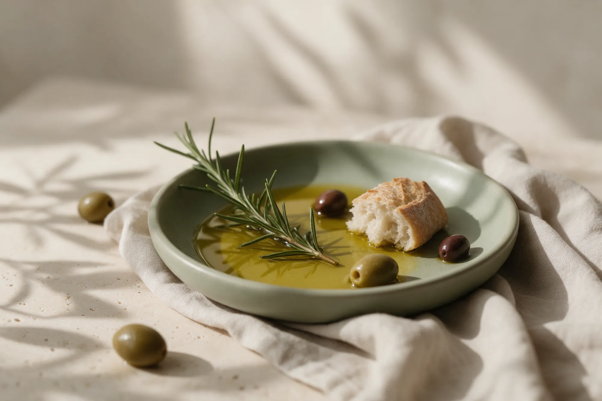 Plato de aceite con pan, aceitunas y romero