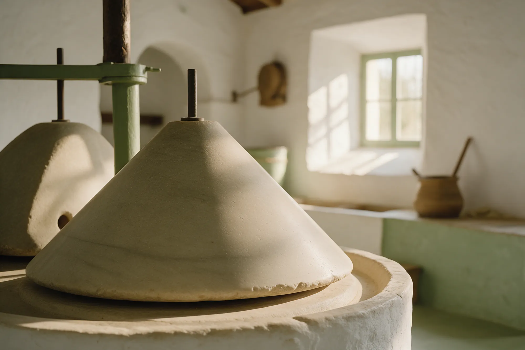 Interior de una almazara con muelas de piedra