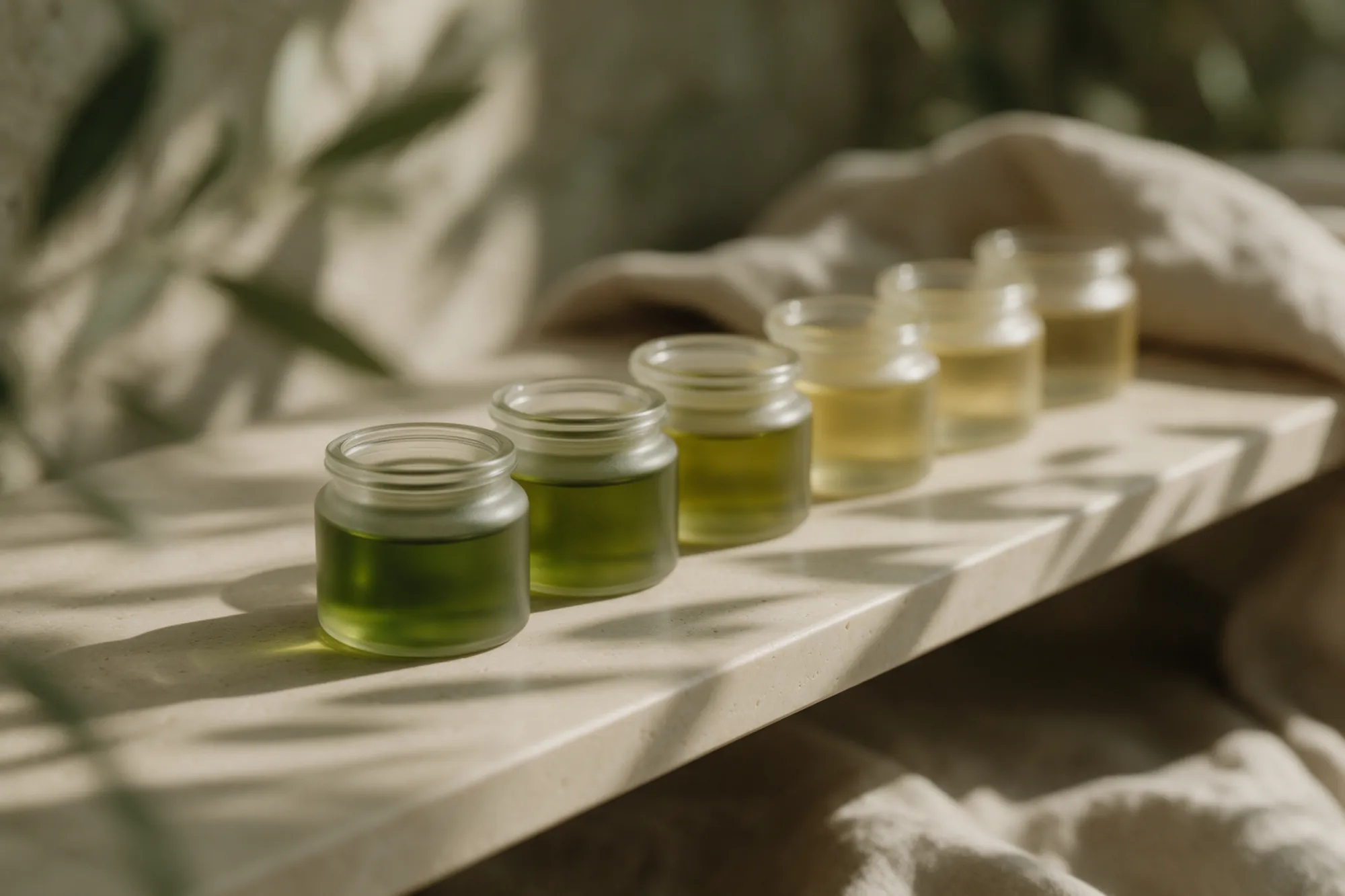 Tarros de distintos aceites en fila