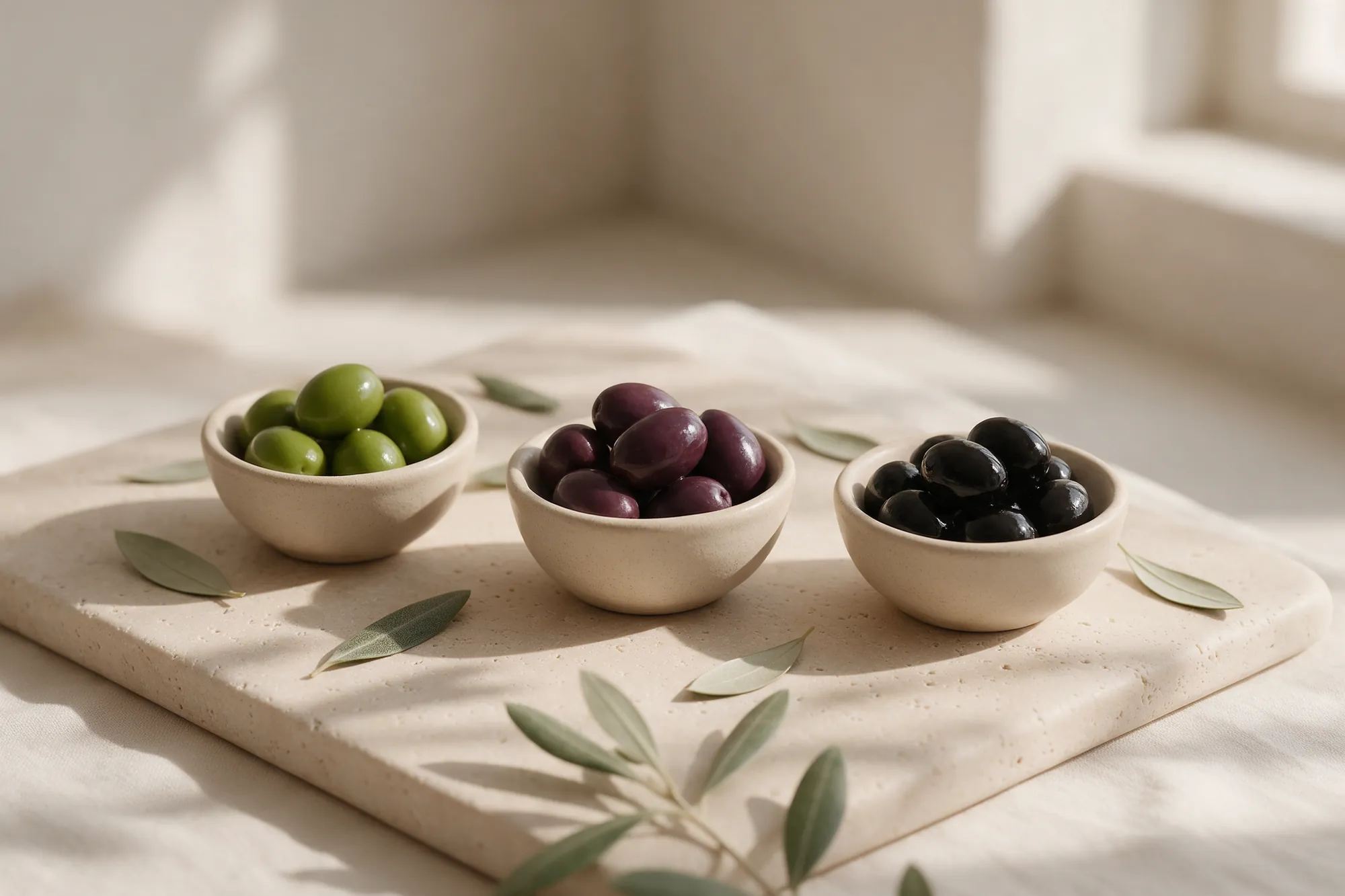 Aceitunas de tres variedades en cuencos